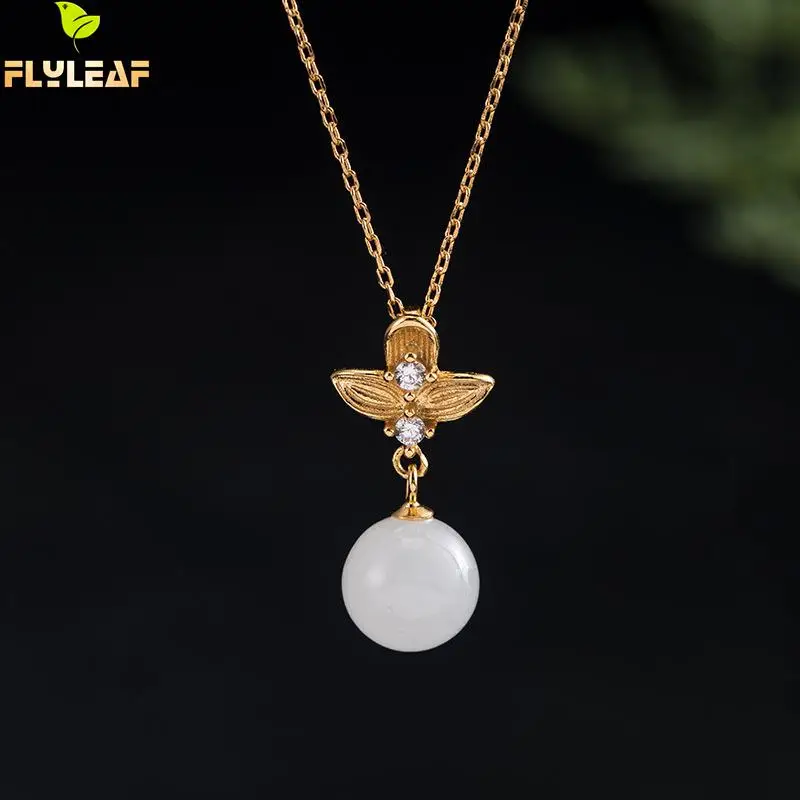 

925 Sterling Silver White Jade Beads Pendant Necklace For Women Retro Chinese Style 18k Gold Female Vintage Jewelry Flyleaf
