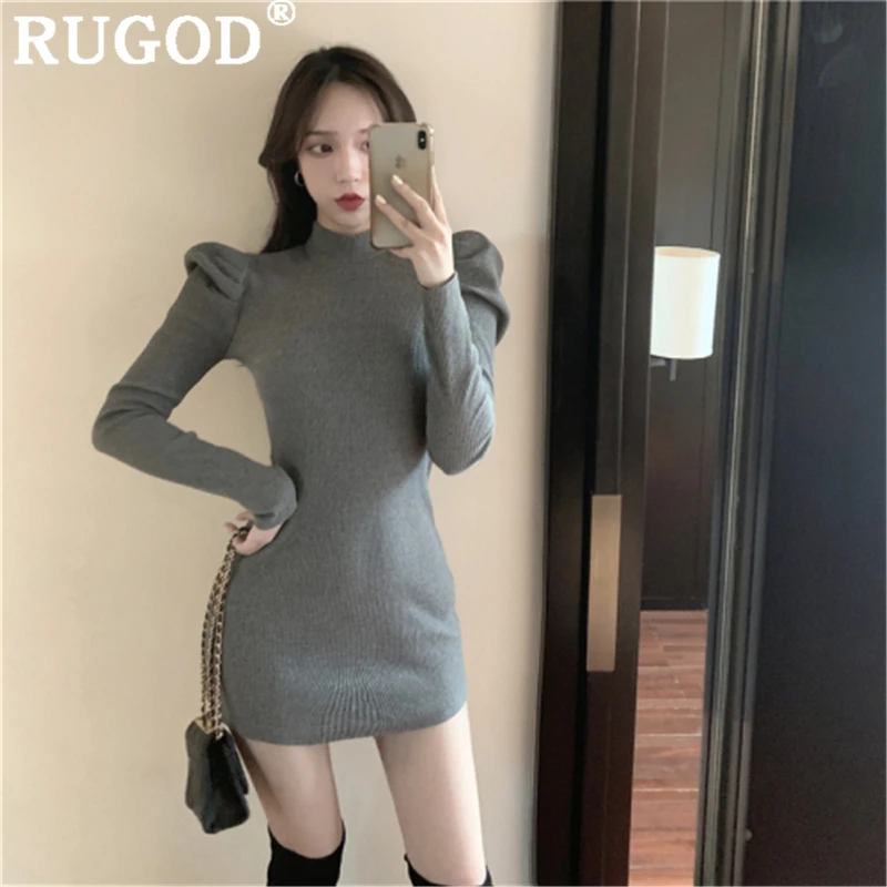 RUGOD Элегантное зимнее трикотажное платье boyycon для женщин модная туника с пышными