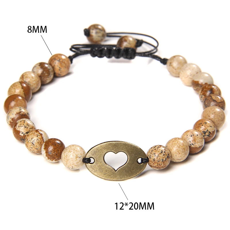 

Vintage Adjustable Black Rope Bracelet Men Polished 8 mm Natural Chakra Stone Beads Bangle Women Hollow Love Shape Charm Pulsera