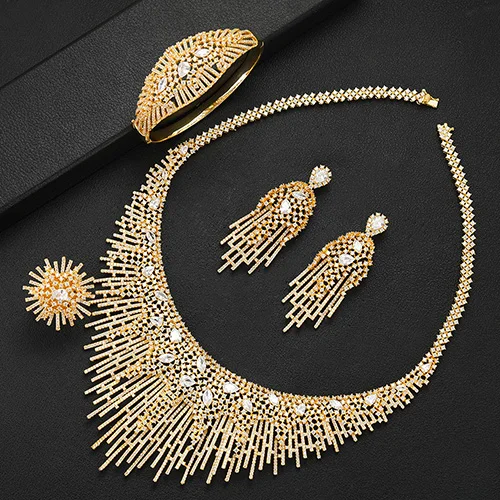 Gold Godki роскошный фейерверк ювелирные изделия из золота из Дубаи набор нигерийские Свадебные африканские Свадебные бусы ювелирный набор кубический циркон эфиопские ювелирные изделия - Окраска металла: Gold