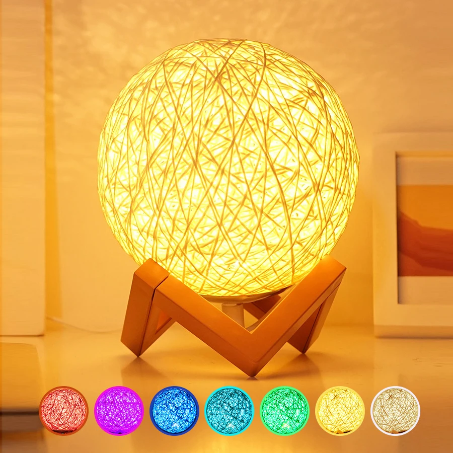 

15cm romântico led estrelado lâmpada de mesa fantasia rattan bola de madeira lua luz de poupança de energia decoração da atmosfe