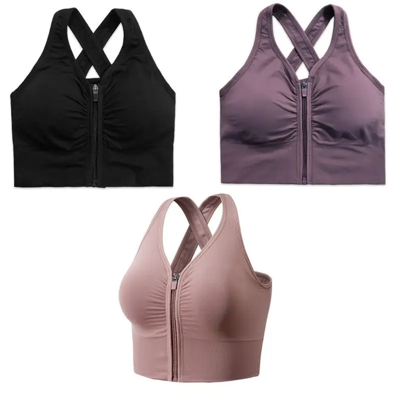 Womens Seamless Sport Bra Cross Back Running Bralette Push Up Zipper Crop Top X3UE