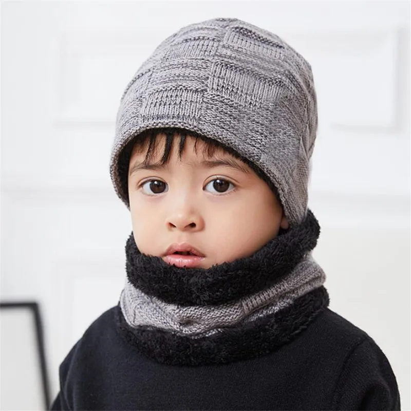 Детская зимняя вязаная шапка шарф комплект для мальчиков и девочек плюшевая
