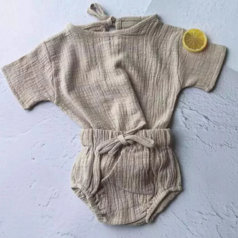 

Baby Summer Clothing Cotton&Linen Tops+PP Shorts Pants Solid 2pcs Short Sleeve Outfits Set Newborn Kids Baby Boy Girl Clothes