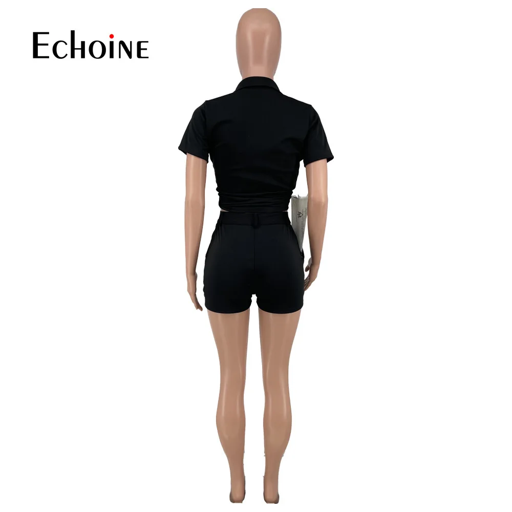 

Echoine Summer Solid Two Piece Set Women Button Tops Pocket Tooling Short Sleeve Lapel Shirt With Shorts Sexy Clubwear Outfits