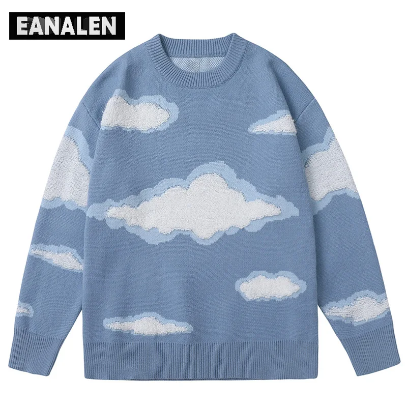 

Винтажный пуловер в стиле Харадзюку, трикотажный свитер с изображением голубого неба и белых облаков, уличная одежда для мужчин и женщин, св...