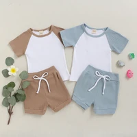 2021 new baby summer 2pcs tracksuit clothes set toddler kid baby boys girls t shirt shorts pants clothes ribbed patchwork outfit