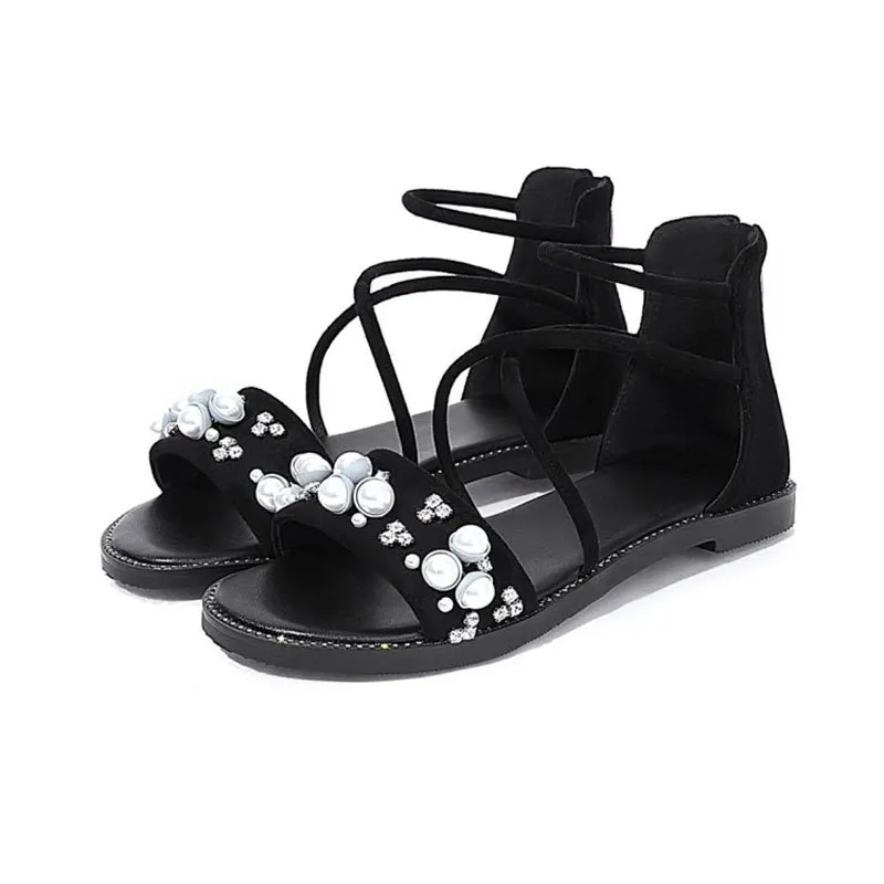 

Sandals Closed Heel Black Shoes for Women 2021 Summer Beige Low Flat Velvet Comfort Fashion Girls Pearl Scandals Rome Back Strap