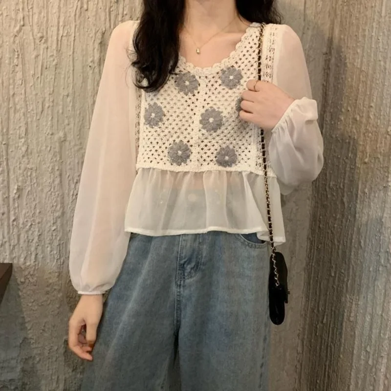 

HOUZHOU Spring Summer Chiffon Hollow Out White Shirt Women Harajuku Beautiful Elegant Floral Blouse Long Sleeve Korean Fashion