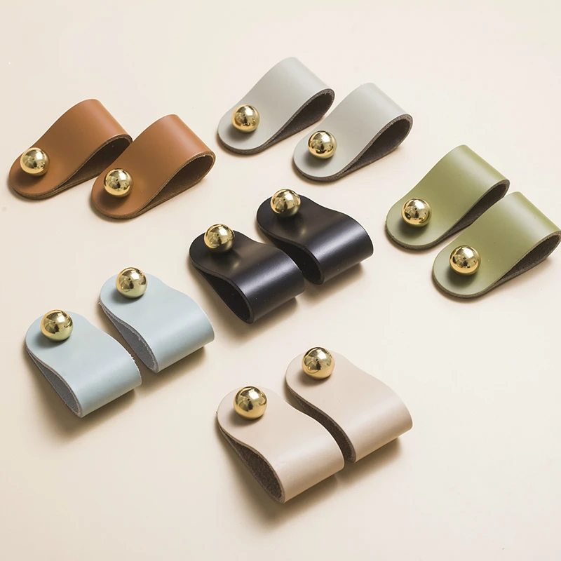 

9 Colours Nordic Brass Top Real Cow Leather Handle Anti Collision Modern Simple Luxury Drawer Door Leather Cabinet Knob