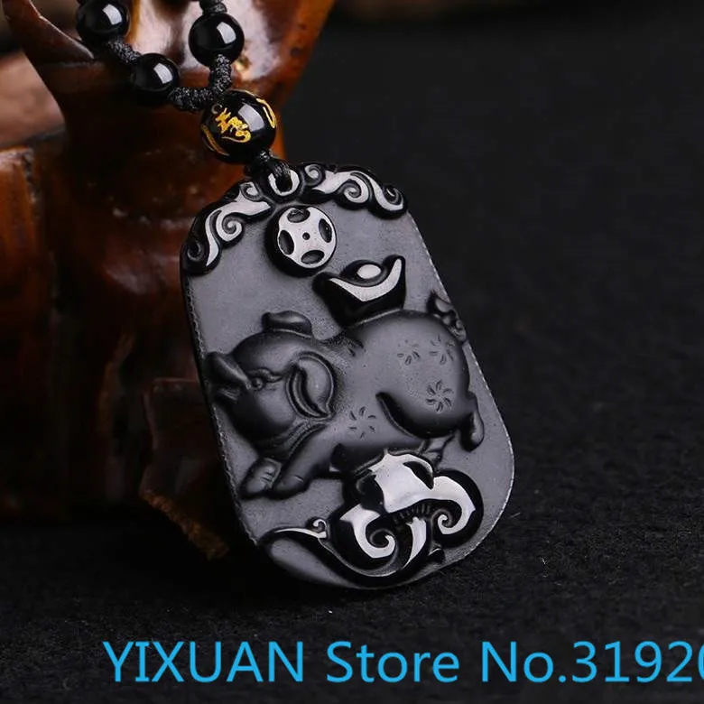 

Natural obsidian is a hog pendant for men and women necklace, twelve Chinese Zodiac Pig Pendant pendant.