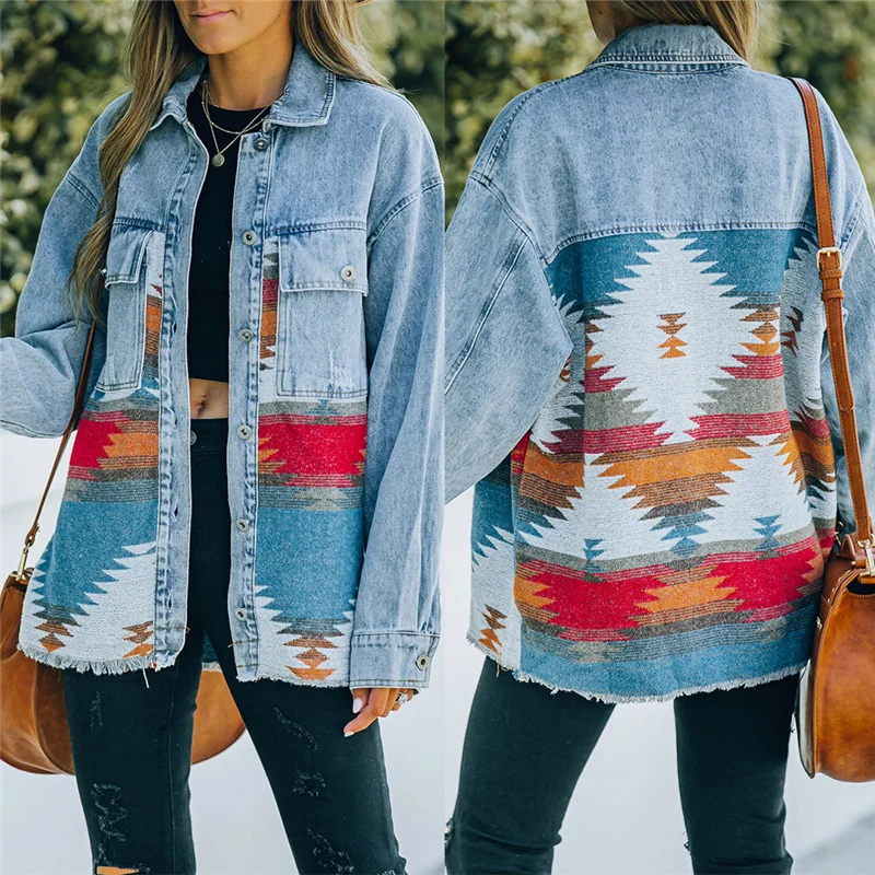 

OIMG Cowgirl Casual Jackets Autumn And Winter New Aztec Lapel Pocket Denim Coat Patchwork Long Sleeve Wool Women's Retro Jacket