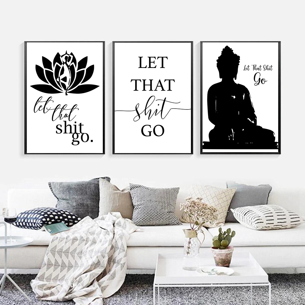 Черно-белая картина с цитатами Let That shitgo Постер лотоса Будды настенные