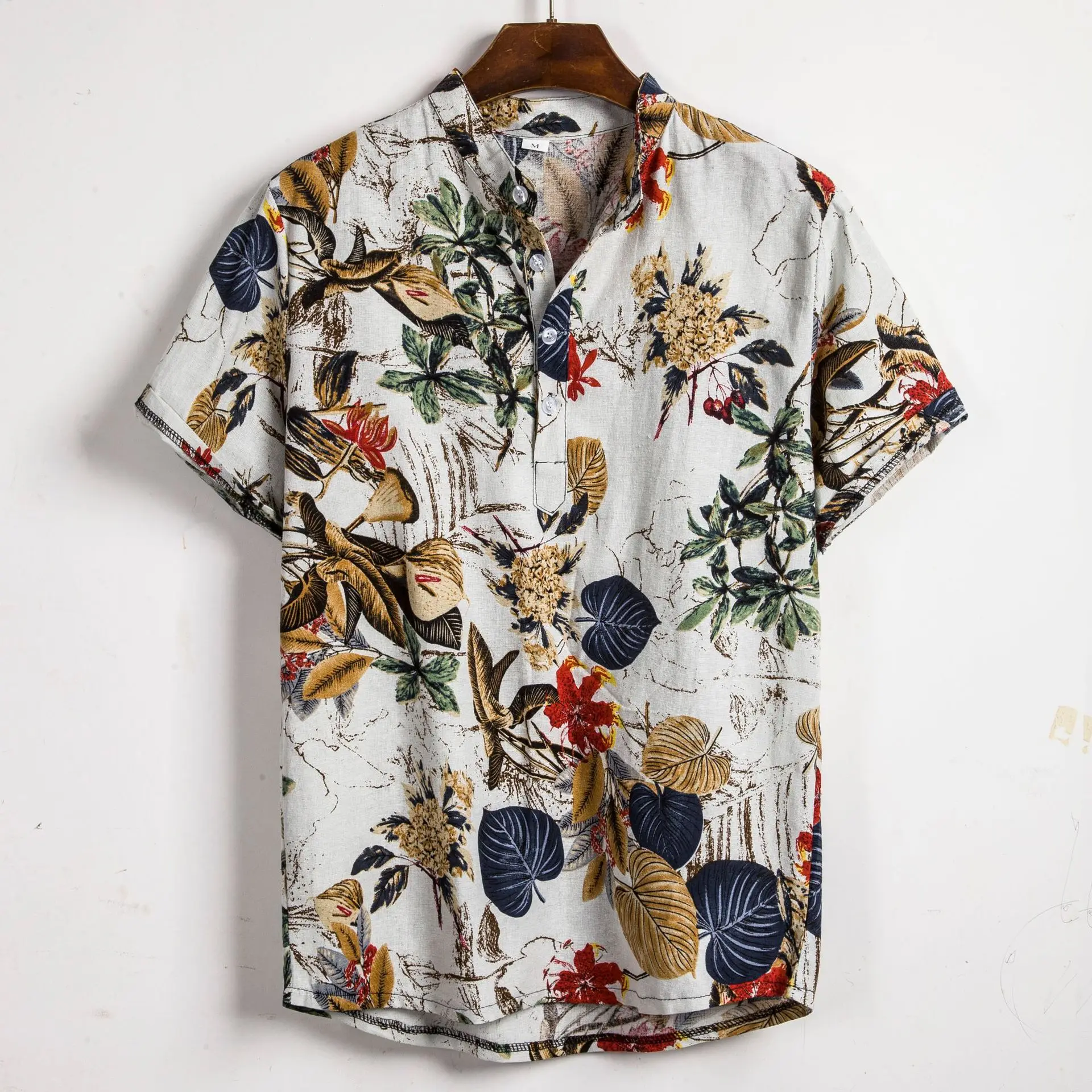

2020 Summer Plus size Men Floral Print Flower Hawaiian Beach Cotton Short Sleeve Shirt