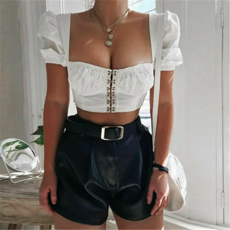 

Women Solid Color Sexy Square Neck Strapless Crop Top Short Sleeve Clubwear Summer Short Tank Tops