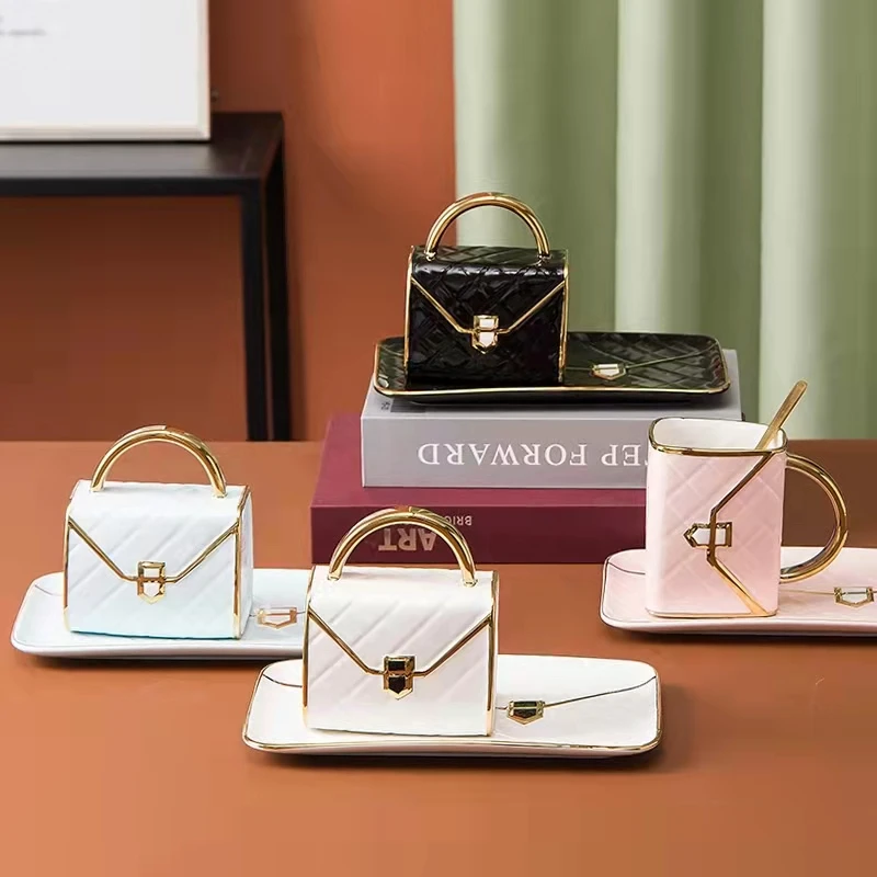 Креативная керамическая кофейная чашка в форме сумки и блюдце с ложкой кружка