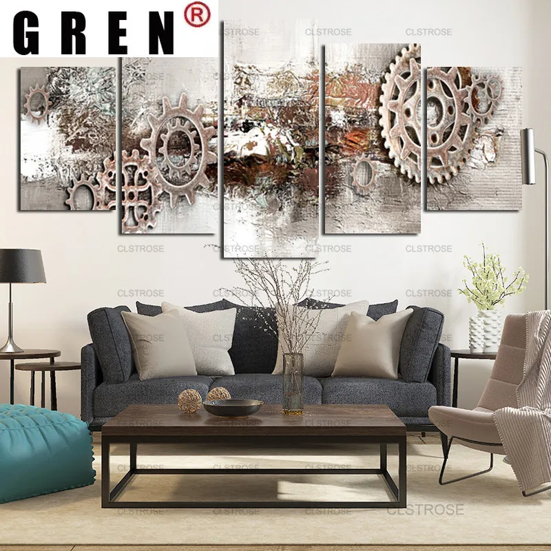 

GREN 5 Panels Canvas Painting Light Gray Gear Mechanical Parts Poster HD Printing Pictures For Living Room Home Decor