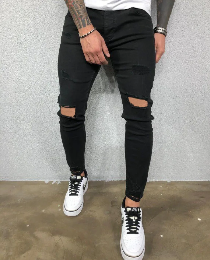 

2020 new men's pierced elastic leg jeans