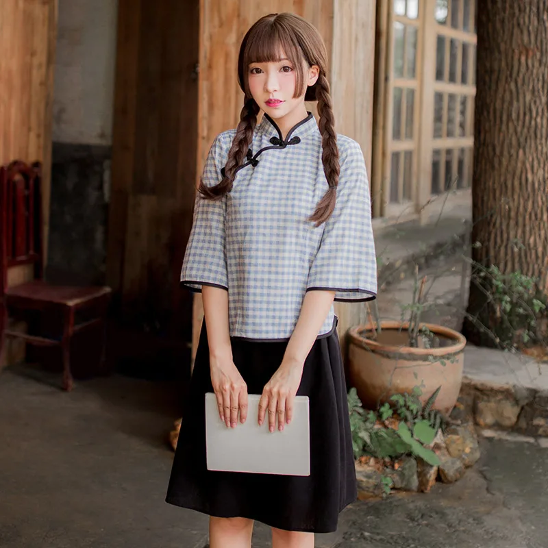 Сексуальное нижнее белье для девушек клетчатая рубашка в китайском стиле с