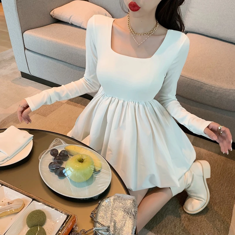 RealShe женское мини-платье с длинным рукавом и квадратным воротником однотонное