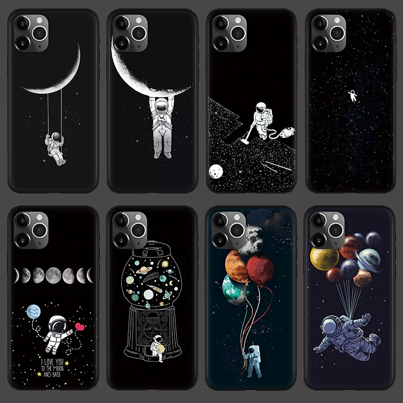 Матовый черный чехол с изображением космонавта для iPhone 11 12 Pro MAX Mini X XS XR SE 2020 Max 7 8 6S 5