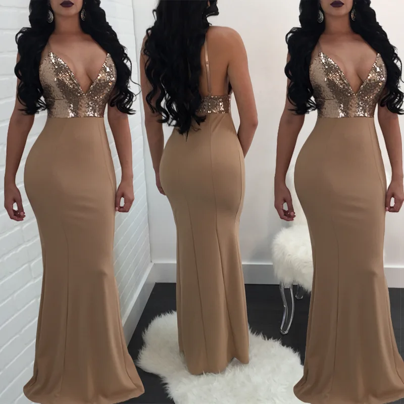 

2020 New Boutique Women's European and American Sexy Sling Sequin Nightclub Dress Fashion Temperament Backless Deep V-neck Dress