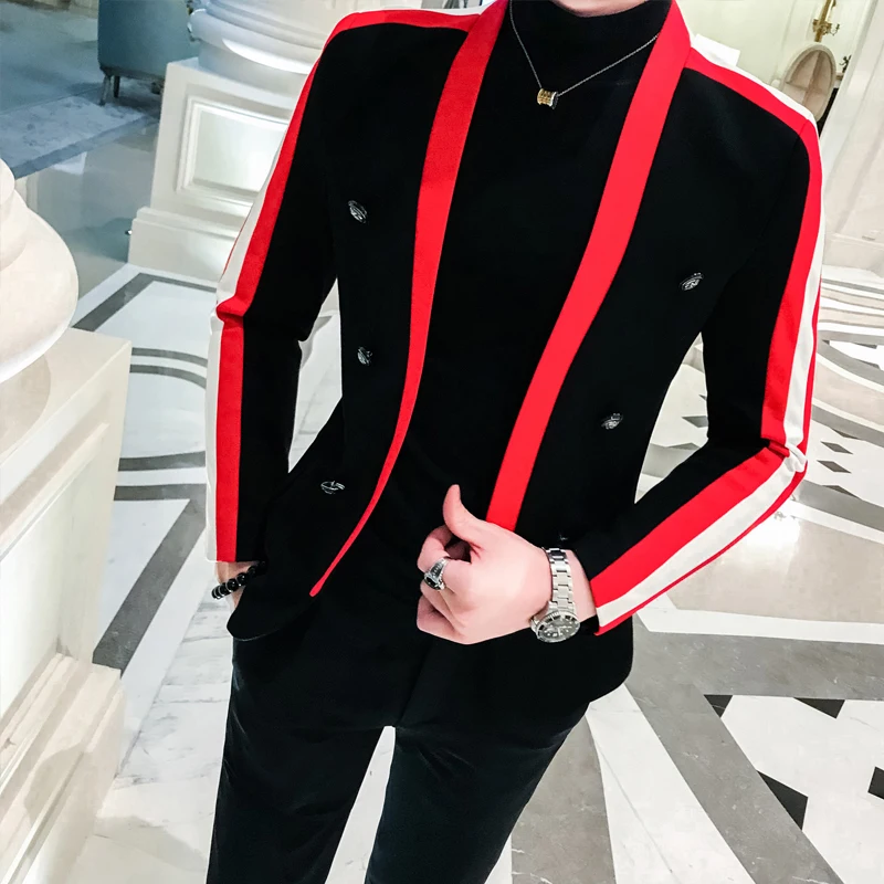Striped Blazer Hombre Men Suit Coat Male Trend Hip-hop Blazers Autumn Night Hairstyle Division Personality Loose Jacket New | Мужская