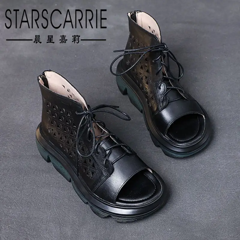

Cut out sandals spring and summer 2021 new ethnic style leather thick sole slope heel open toe sandals high top Roman shoes