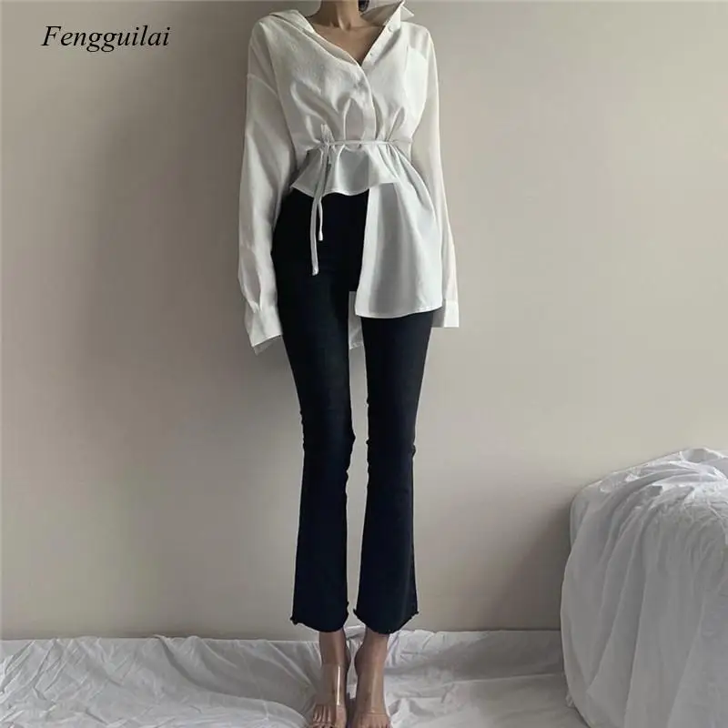 

2021 Spring Long Sleeve V-Neck Cardigan Button Up Shirt Casual Lace-Up White Blouse Irregular Korean Style White Tops for Women