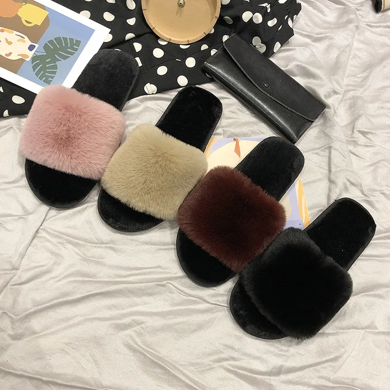 

Fashion Women Slippers Home Indoor Plush Slippers Autumn Winter Female Flat Shoes Ladies Comfortable Fur 1.5cm Heel