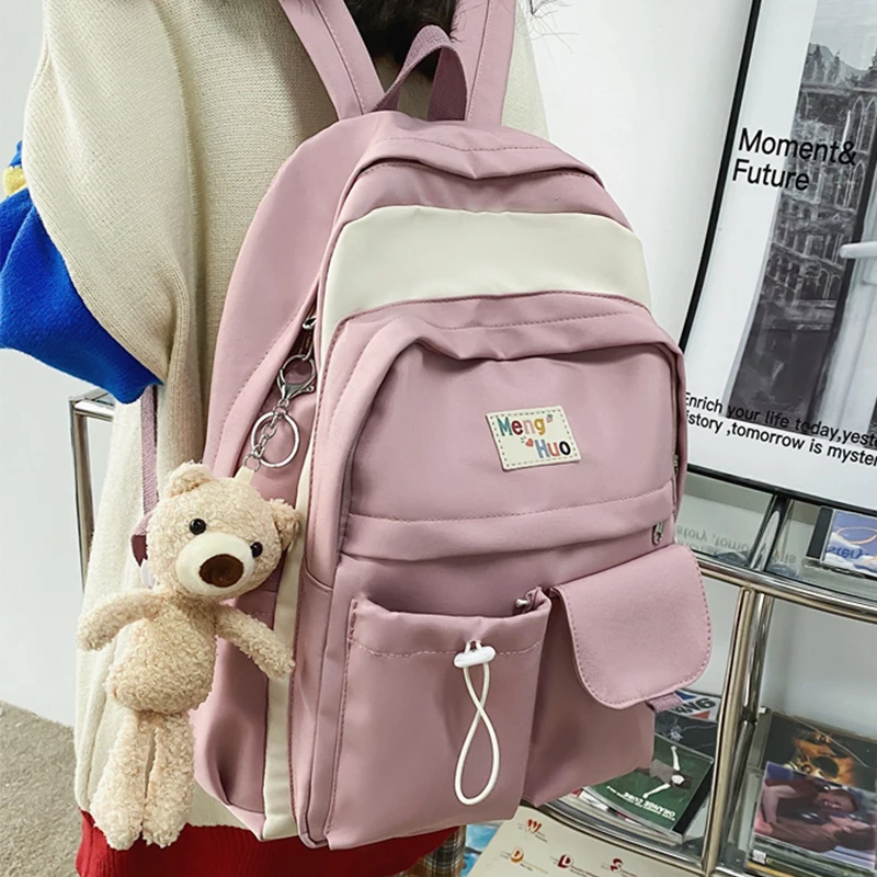 

New Solid Color Bear Pendant Backpack Women College Student Bag Nylon Waterproof Backpacks Teenage Girl Simple Fashion Schoolbag