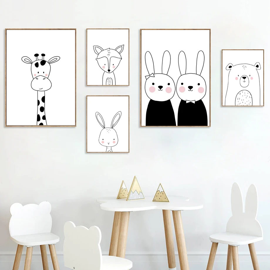 

Cartoon Giraffe Rabbit Bear Canvas Painting Wall Art Nordic Posters and Prints Wall Pictures for Living Kids Room Decoration