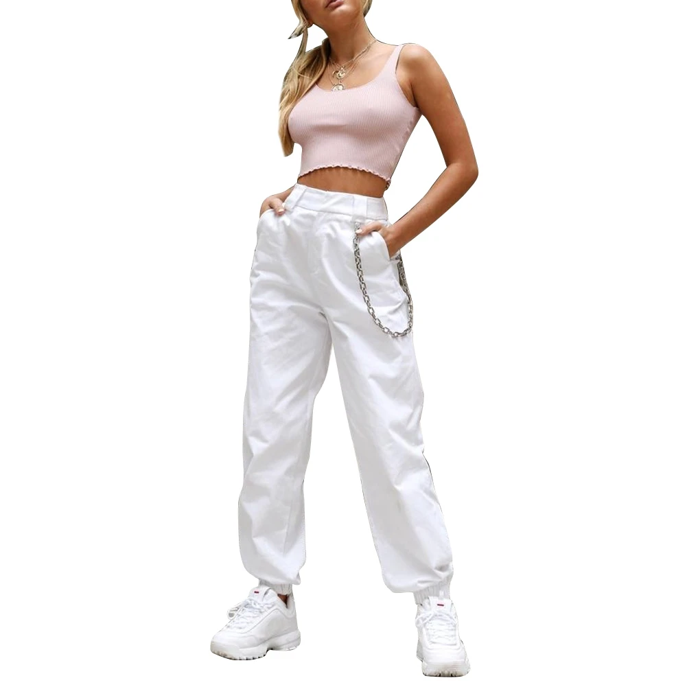

2021 Women High Waist Sports Pants Solid Color Casual Zipper Side Pockets Trousers Chain Decoration Cargo Pants