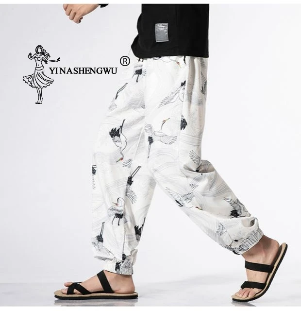 Традиционное японское кимоно с принтом брюки хаори Азиатский костюм пляжные повседневные свободные длинные штаны японский стиль Мужские кимоно юката