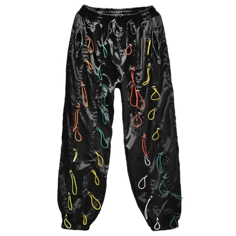 

2020 Men Colorful Drawstring Pleated Hip Hop Pants Punk Streetwear Joggers Elastic Waist Black Casual Sweatpants