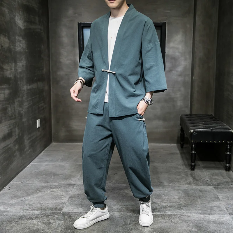 

Chinese Style Men Linen Sets Streetwear Vintage Long Sleeve Outerwear Tops Wide Leg Pants Solid Color Men Suits M-5XL