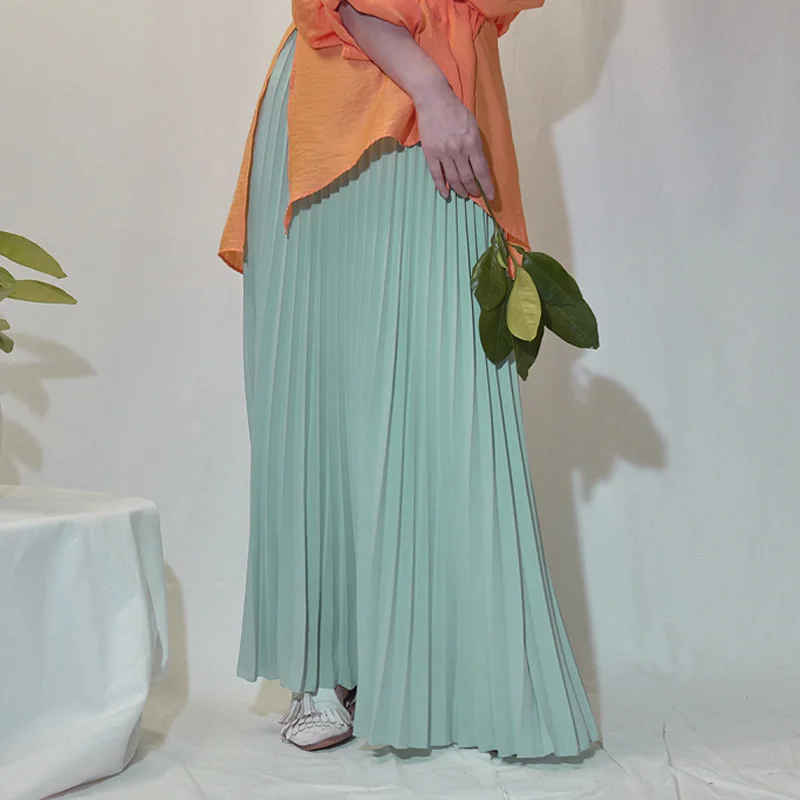 Light-Green Qiuxuan, женские макси одноцветные юбки, Весенняя эластичная плиссированная юбка с высокой талией, юбка длиной до щиколотки, женские повседневные юбки, разные цвета - Цвет: Light-Green