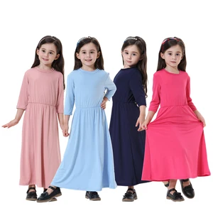 Muslim Islamic Girls Eigth Sleeves Round Collar Thobe Bolero Children Solid Color Maxi Dress Long Abaya Arabic Ethinc Robes
