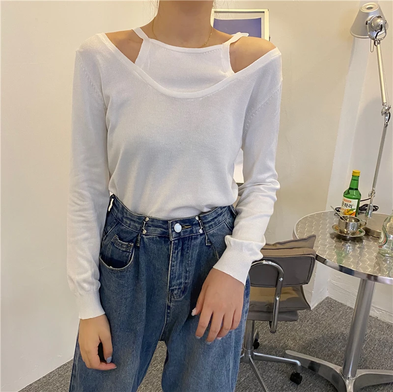 

Korean open shoulder long sleeve women's early autumn bottoming top, 2020 new knitted pullover, versatile and thin sweater