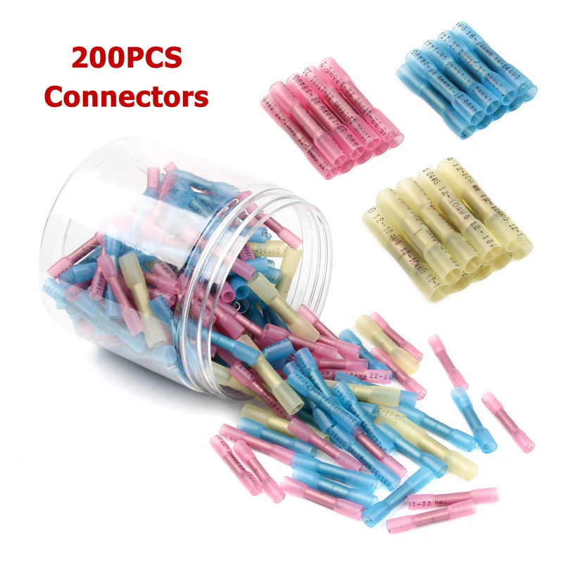 

Heat Shrink Butt Crimp Terminals 200pcs Waterproof Solder Seal Electrical Butt Connectors Wire Cable Splice Terminal Kit