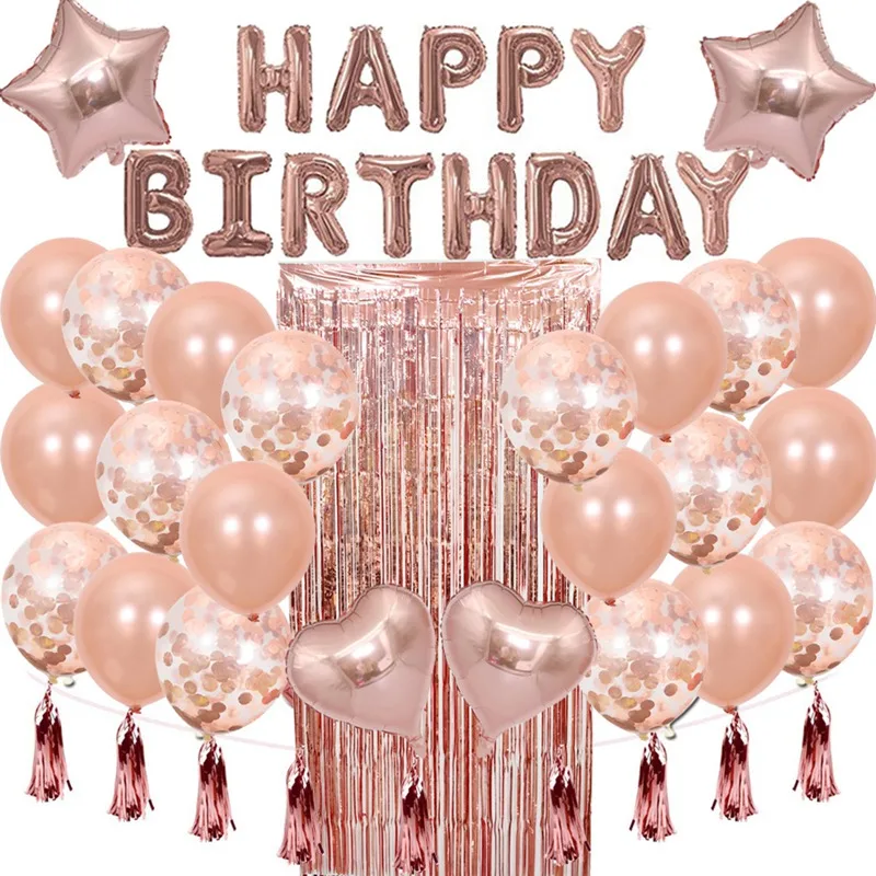 

1set Rose Gold Birthday Decoration Set Letter Happy Birthday Balloon Birthday Party Decor Kids Tassel Sequin Latex Balloon