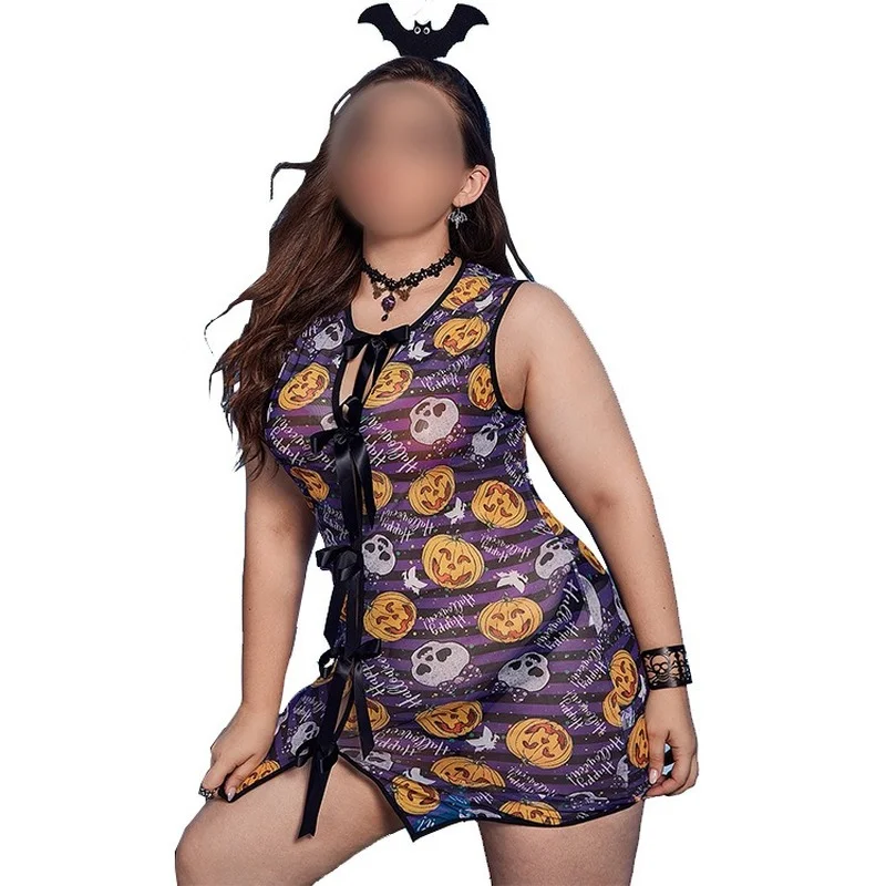 

Sexy Lingerie Halloween Pumpkin Skull Strap Cross Lace Skirt Suit