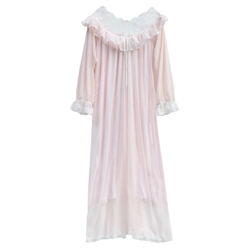 

Nightdress Thin Lingerie Sexy Women Long Sleeve Solid Color Ruffled V-neck Home Service Dress Pure Cotton Court Style Sleep Wear