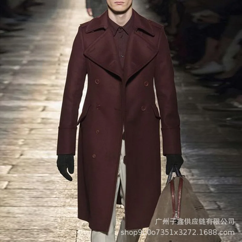 

Woolen Windbreaker Coat Men's Solid Lapel Collar Double Breasted Jacket Men's Slim Fit Windbreak Long Outwear Men Winter Coats