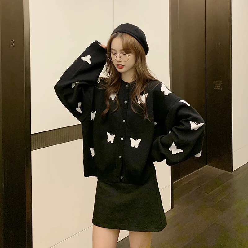 

Autumn Women Cardigan Sweater japanese retro butterfly Print Harajuku fashion oversized casual clothing Female Knit sweaters Top