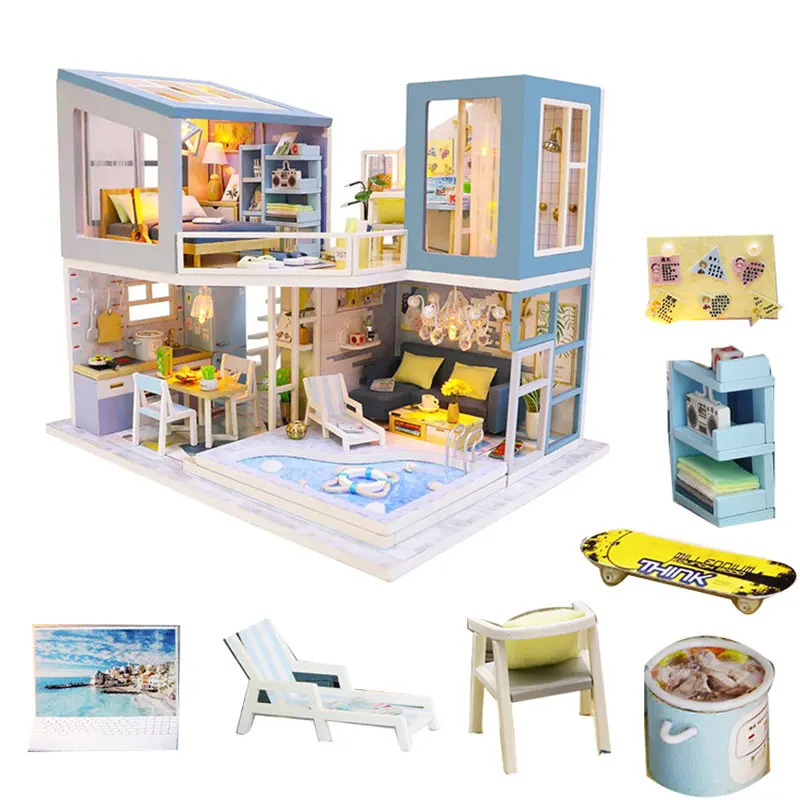 Casa de muñecas de madera en miniatura para niños, kit de casa de muñecas, cocina, piscina, muebles, salón de jardín