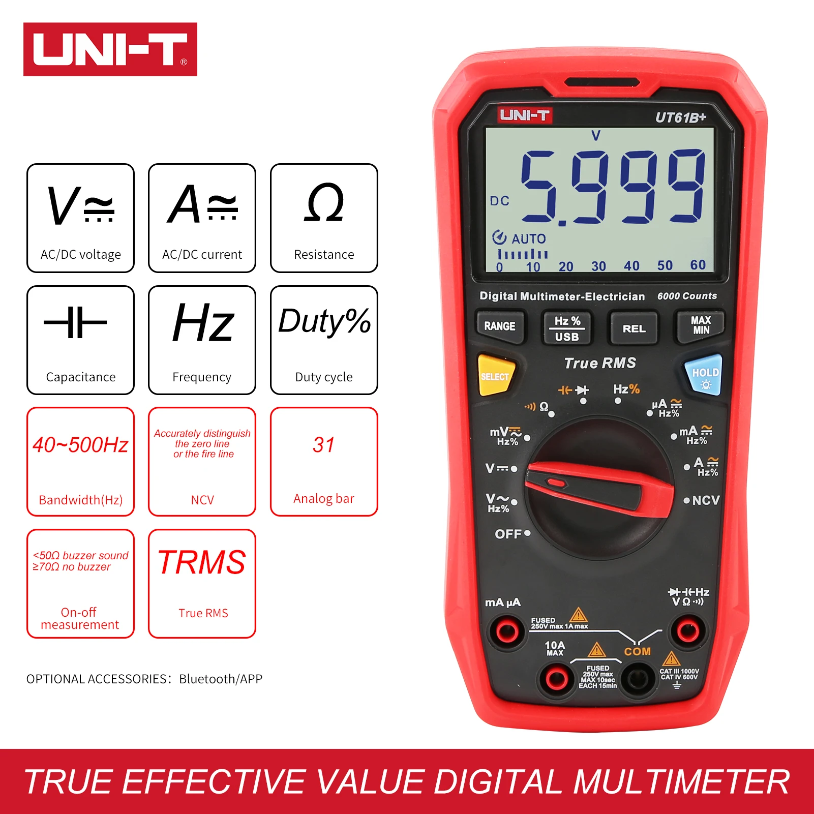 UNI-T UT61B+Digital Multimeter 1000V True RMS C/DC Voltage Current Resistance Capacitance Tester