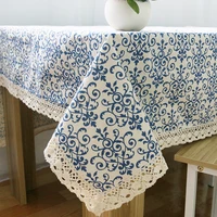 porcelain pattern print table cloth cotton linen wrinkle free anti fading tablecloths washable table cover for kitchen dinning
