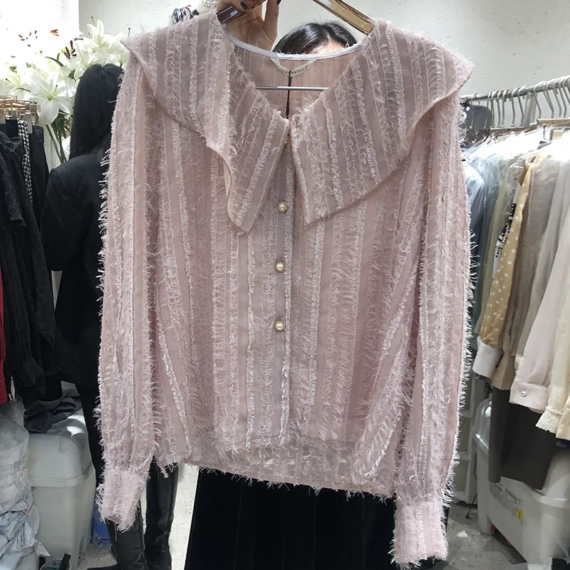 

2021 New Spring Sweet Elegant Lapel White Lace Shirt Western Style Lady Top Inner Wear Long-Sleeved Doll Collar Solid Blouse