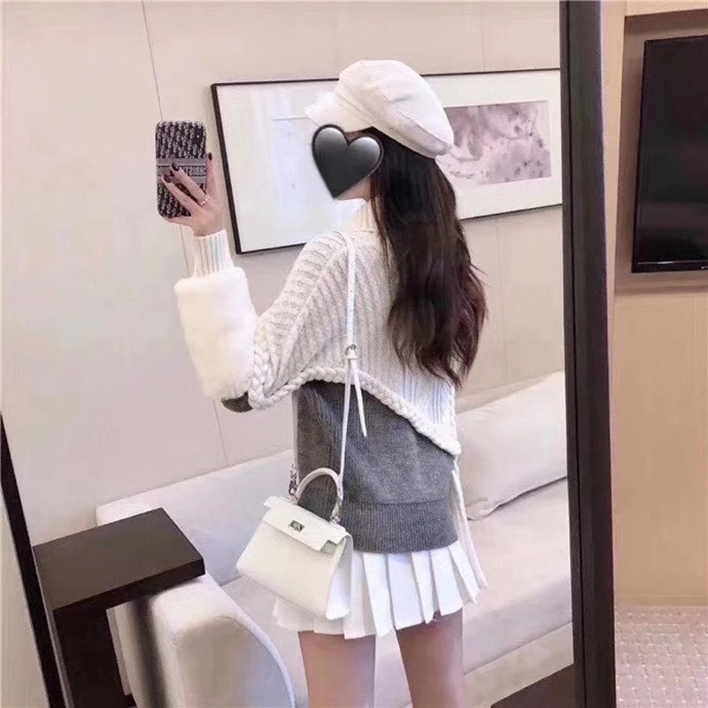 

women sweater patchwork fur wool knitted top young girl winter thick sweater